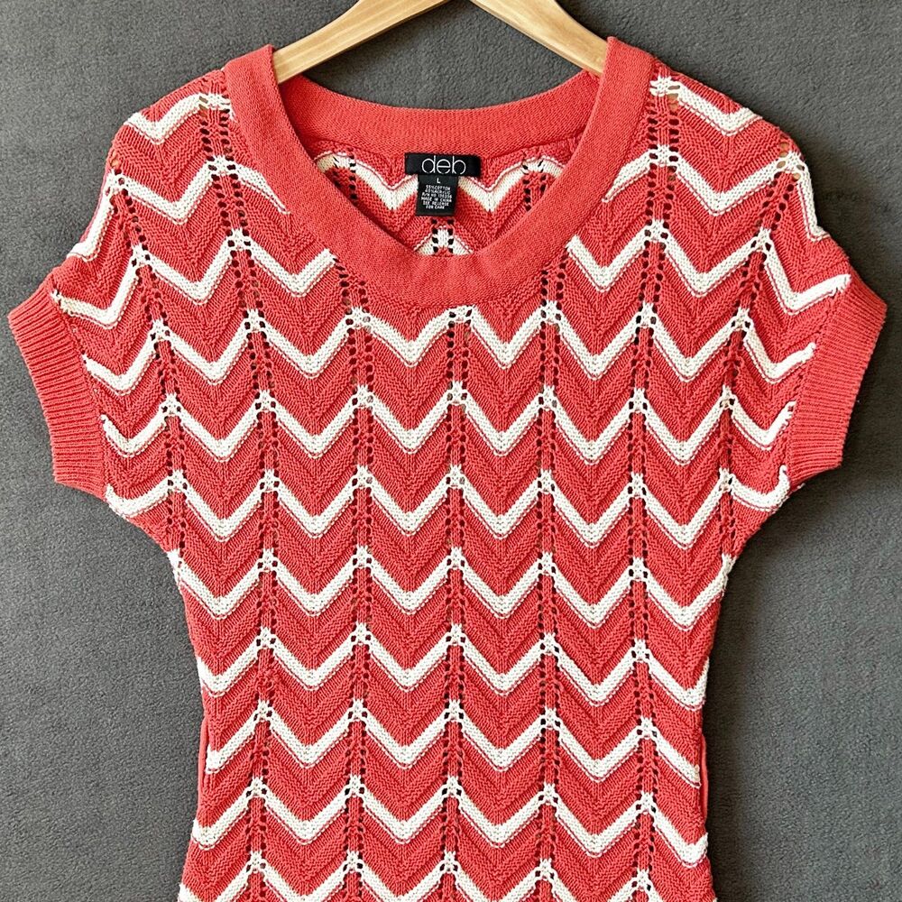 Deb Orange White Chevron Stripe Short Sleeve Pullover Sweater - Women's Size L